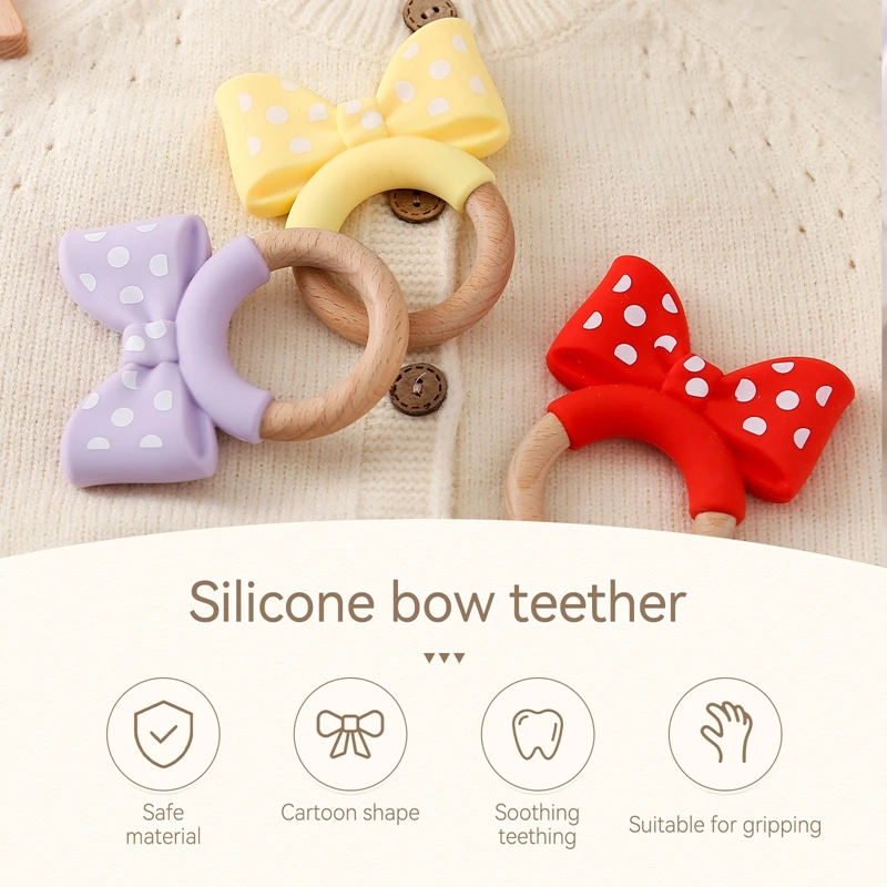 Baby Silicone Teether Toys Food Grade Silicone Bow Wooden Ring Bracelet Teething Toys For Baby Soothing Tooth Chew Teething Toys