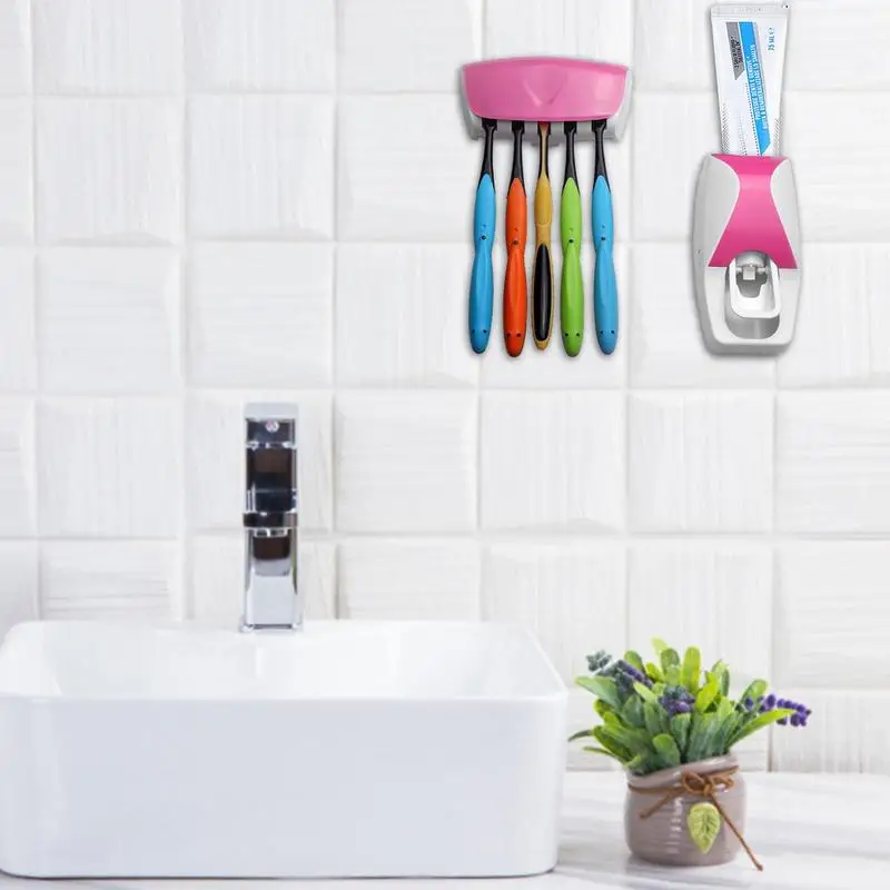 Toothpaste Dispenser 5 Slot Toothbrush Holder Set Automatic Toothpaste Dispenser Wall Mounted Bathroom Shelves Bath Accessories
