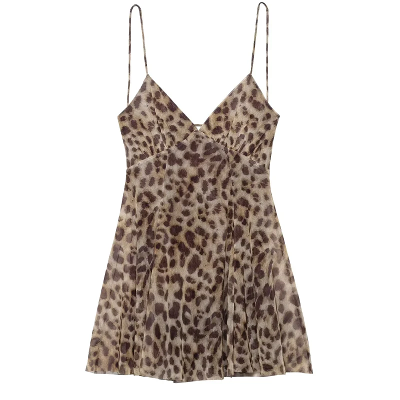 HXAO Tule Slip Damesjurk Mouwloos Luipaardprint Mini-jurk Zomer Vintage Strand Korte Jurken Stropdas Backless Sexy Jurk 088