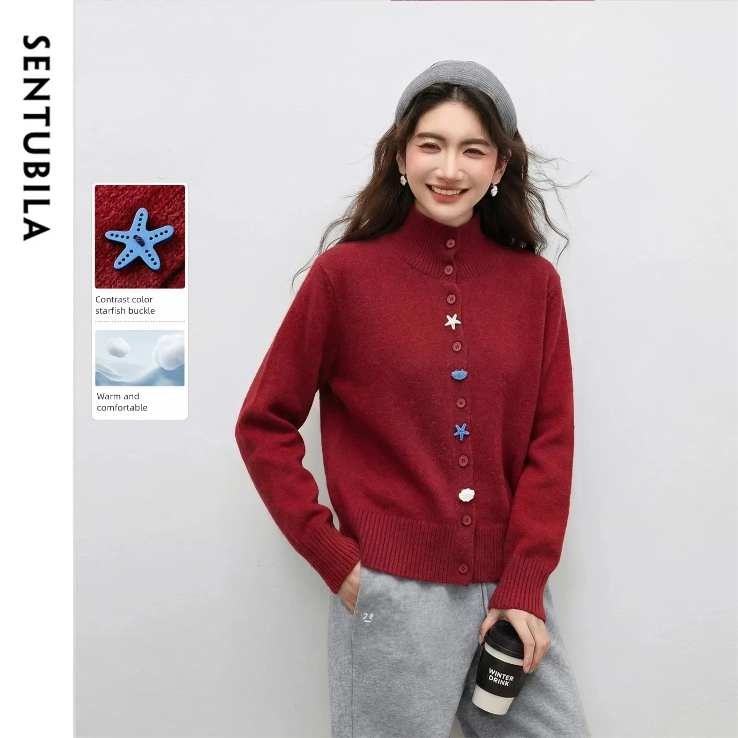 SENTUBILA Women Winter Cardigan 2026 Wool Blend Contrast Button Knitted Jacket Casual Vintage Lady Long Sleeve Tops W61EB6566