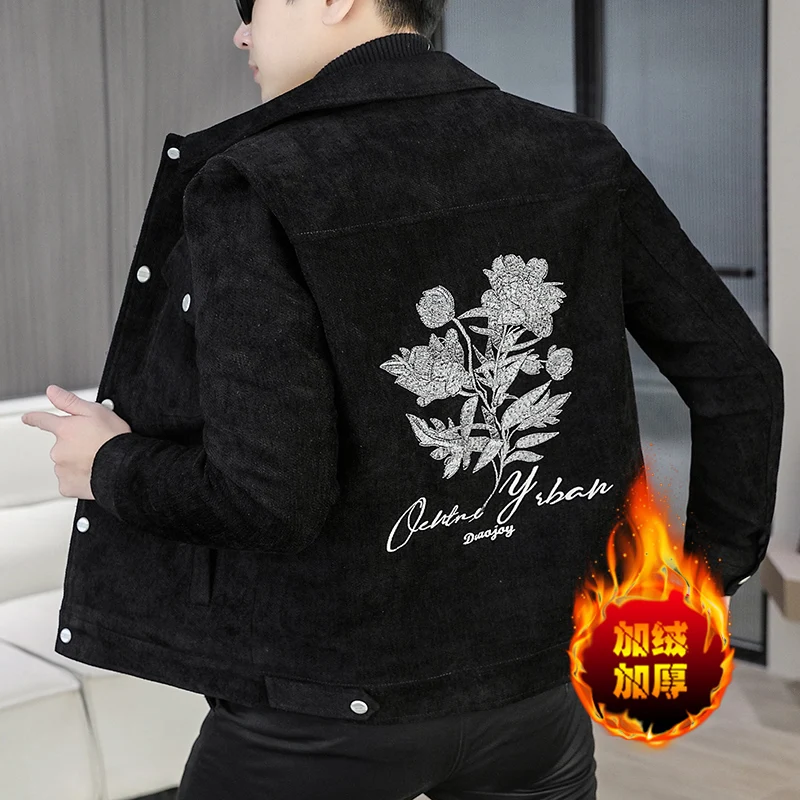 2024 Winter Korean Flower Embroidered Woolen Jacket Men Casual Business Trench Coat Thick and Warm Social Overcoat Men Clothing