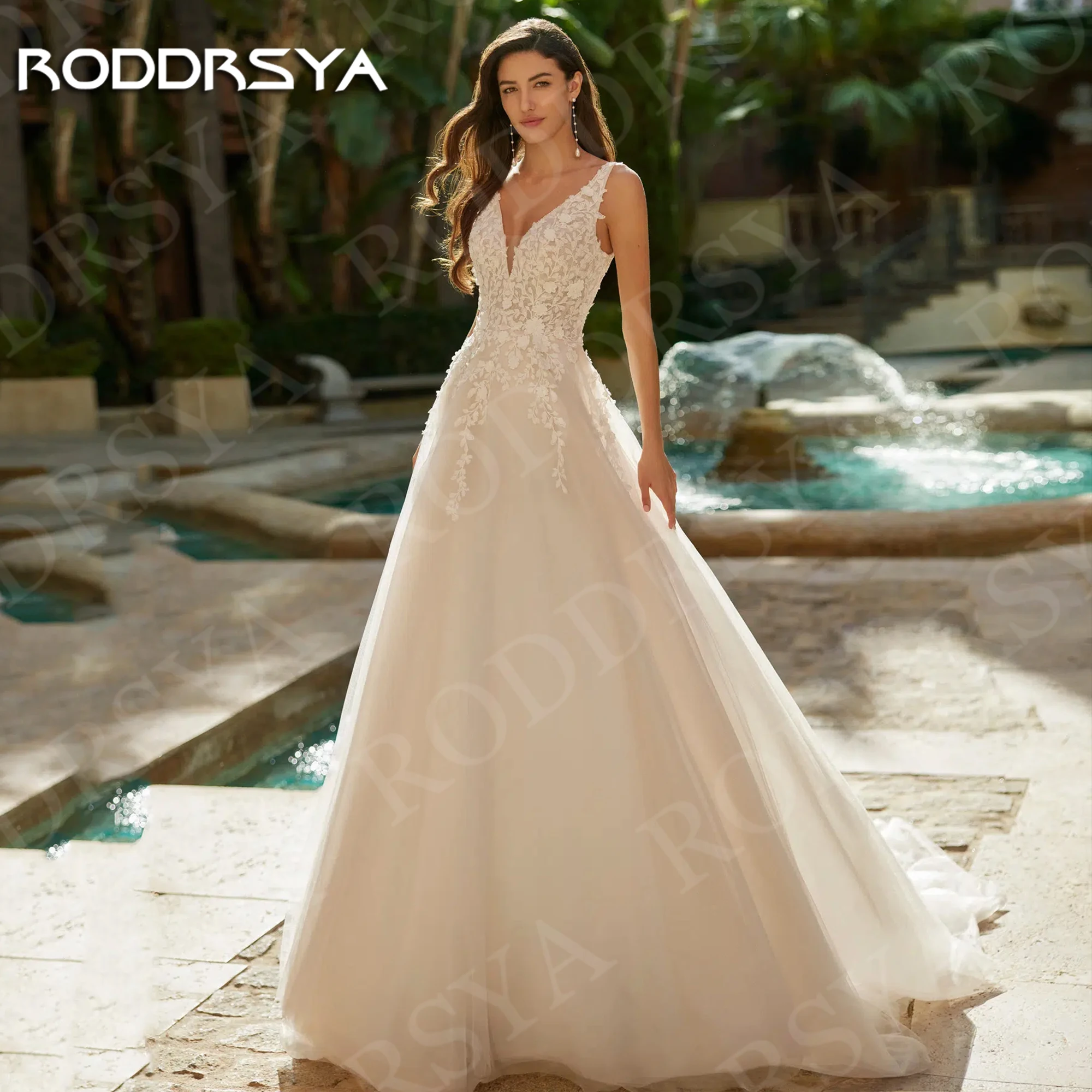 

RODDRSYA Elegant A Line Wedding Dress Women Bohemian Lace Tank Backless Bridal Gown Tulle Appliques Customized vestido de novia