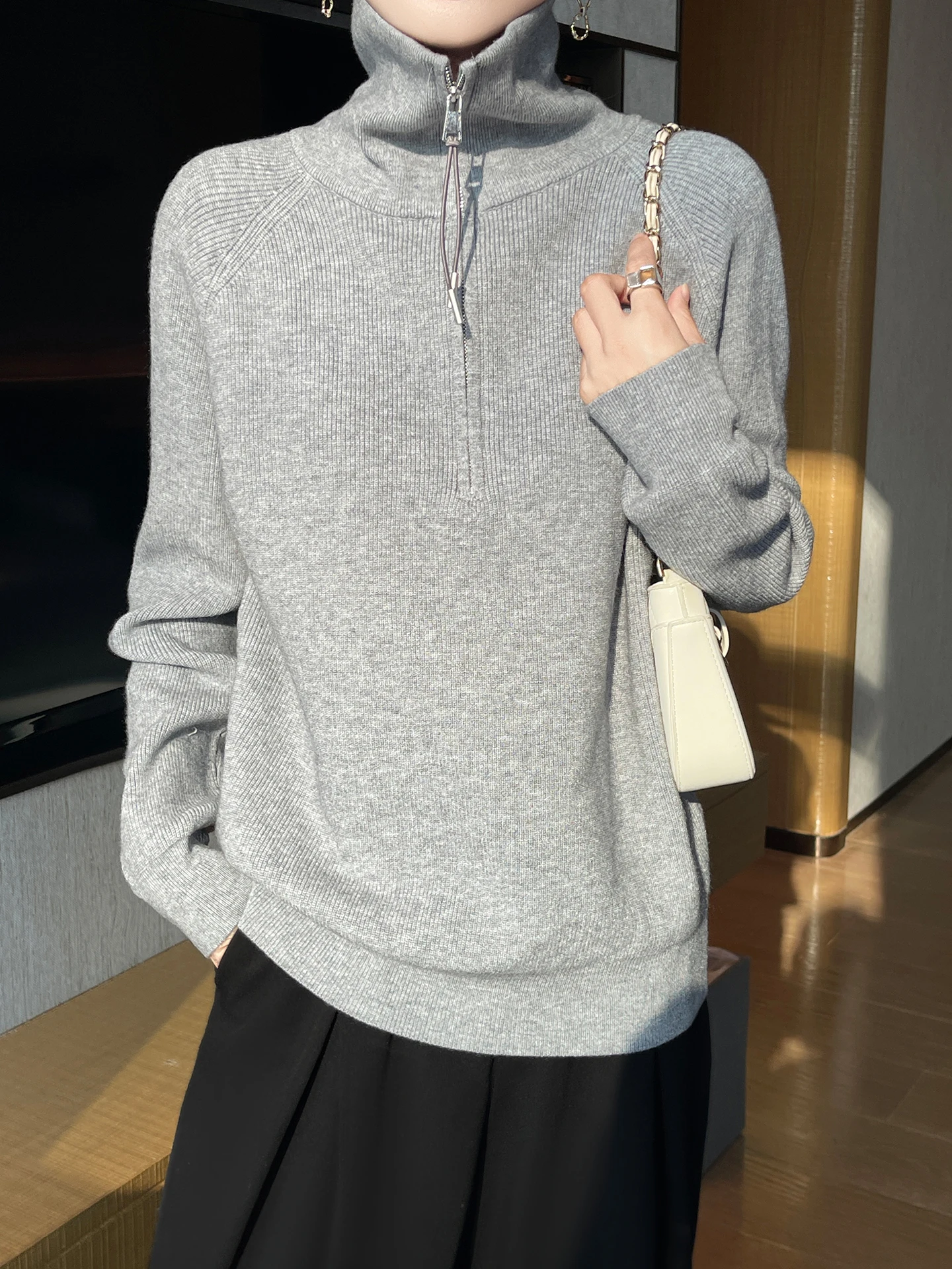 Nuevo suéter de punto suave para mujer con cremallera f Color puro Casual suelto ajuste largo Sve cálido adelgazante capa Base superior ropa interior