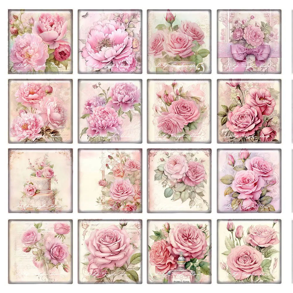 

10pcs/lots Handmade Retro Pink Rose Peony Square Photo Glass Cabochon Flatback Demo Flat Back Cameo For Diy Jewelry Making