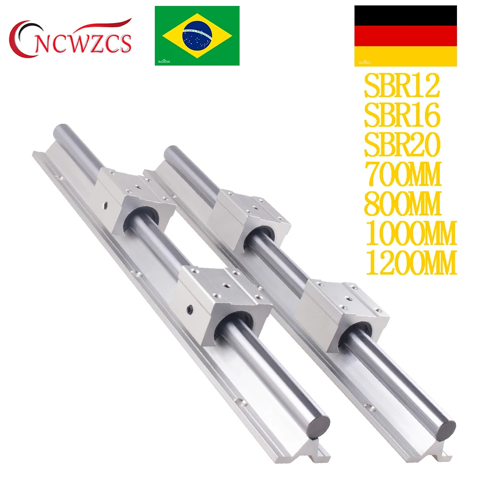 2X SBR12/16/20 Linear Guide Shaft 700-1200mm + 4X SBR12UU SBR16UU SBR20UU Square Carriage Linear Beare Slide Block For  Machine