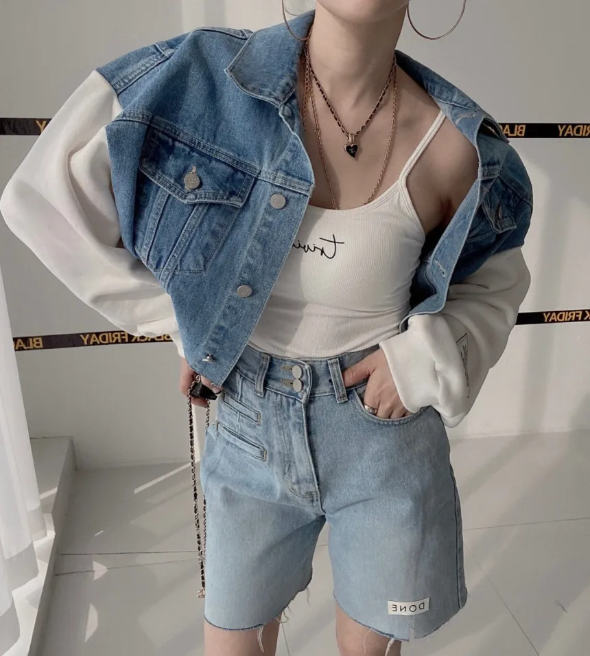 Fashion Designer Jeans Patchwork Short Jacket Loose Casual Long Sleeve Korean Chic Spring Fall Single-Breasted Outerwear 2024