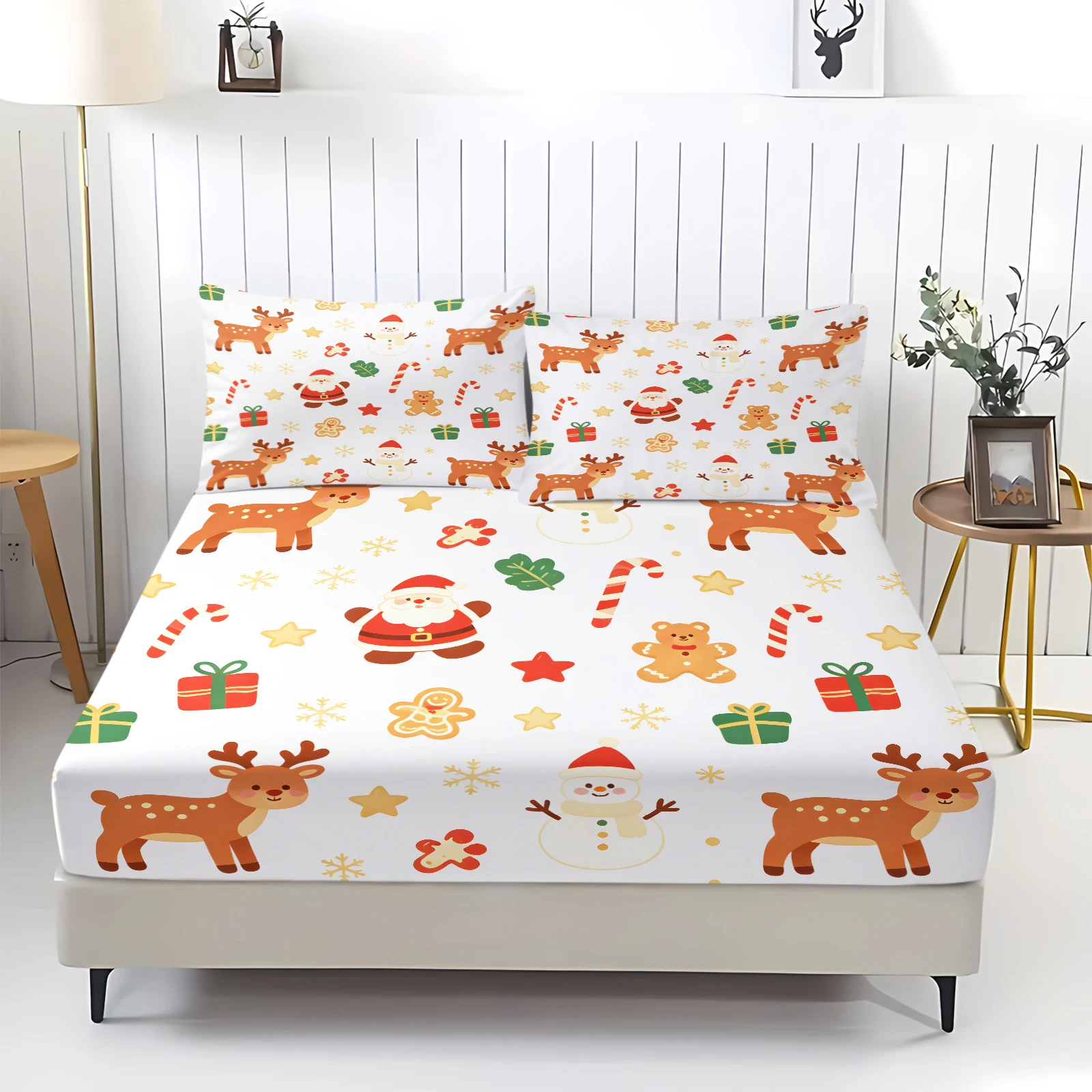 Cartoon Christmas Fitted Sheet Set Santa Claus Reindeer Snowman Gingerbread Man Candy Gift Box Print Deep‑Pocket Mattress Cover