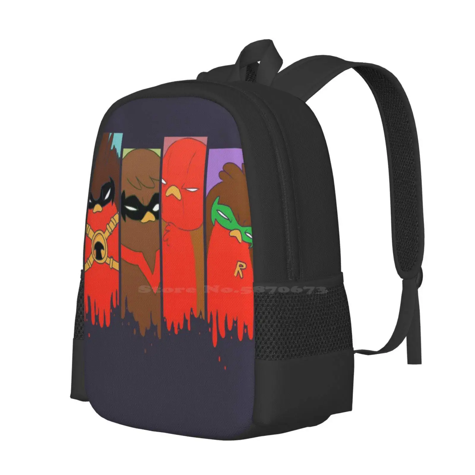 Go!Robins!-4 Brothers School Bag Big Capacity Backpack Laptop Go Robins Superheroes Paint Dripping Birds Side Kicks Comics