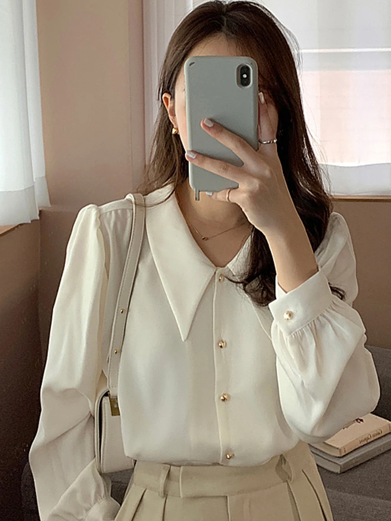 

Chic White Button-Up Long Sve irt Women's Ne Loose Fit Korean Sle Commute Faion Inner Wear Top for Autumn Winter