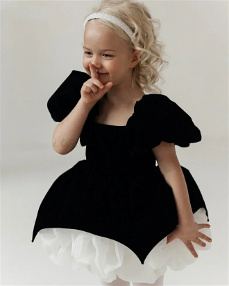 

Princess Black Flower Girl Dresses For Wedding Sequins With Bow Knee Length Cute Princess Birthday Party First Communion Gown