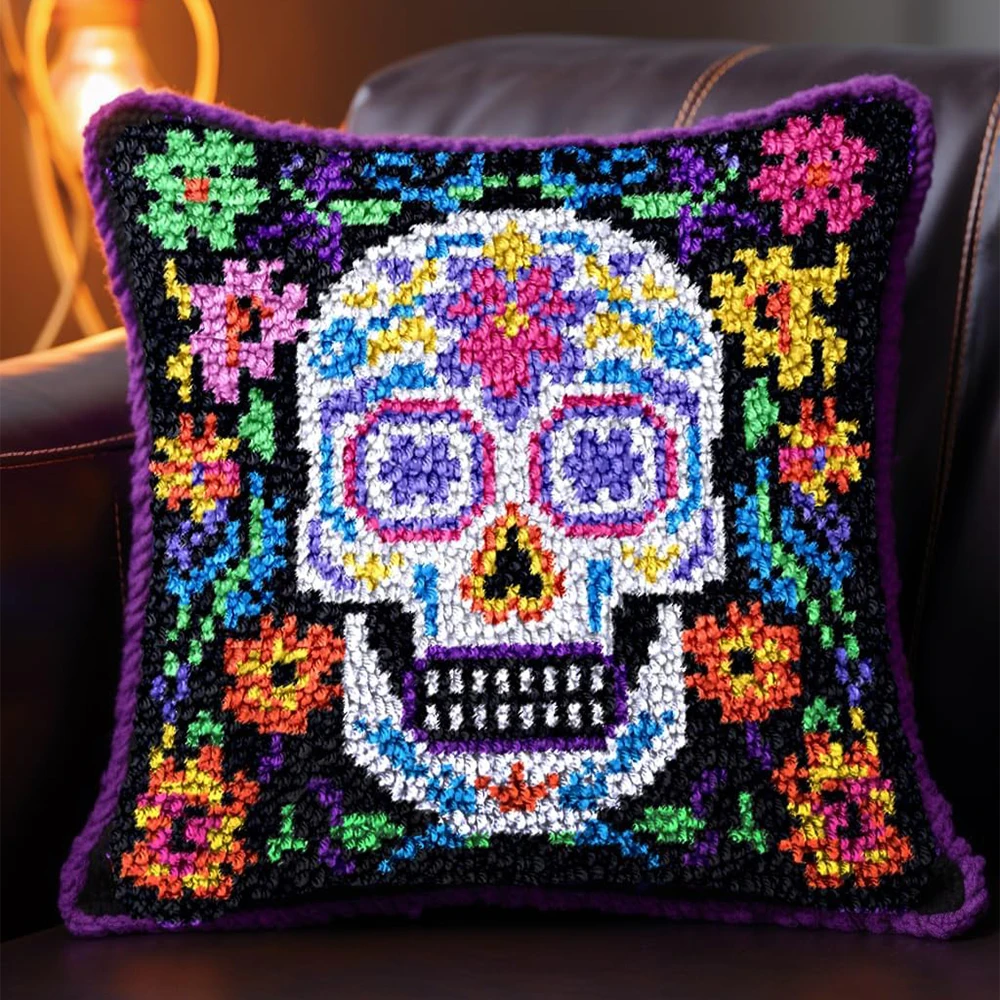 Latch Hook Kits with Printed Skull Canvas for Kids Adult DIY Throw Pillow Cover Pattern Sofa Cushion Cover Latch Hook Craft Kits