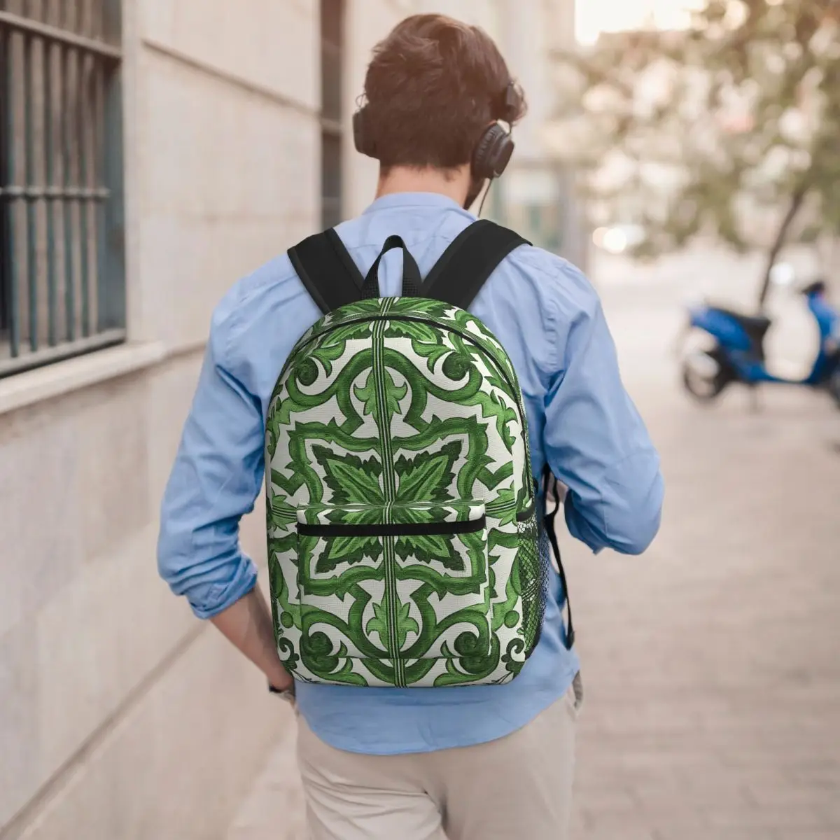 Green Ornate Floral Mediterranean Sicilian Tile Backpack School Bag Hiking Travel Daypack for Men Women Bookbag Shoulder Bags