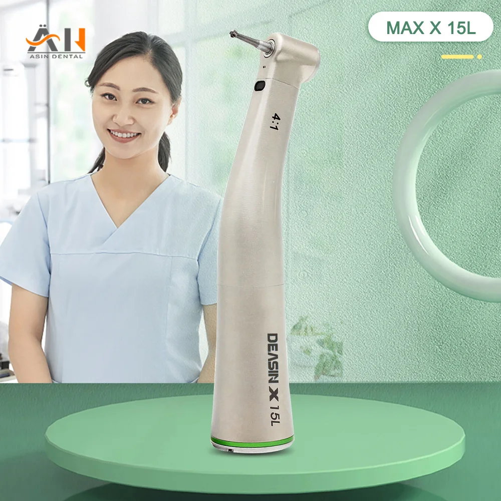 X15L Dental 4:1 LED Fiber Optic Handpiece Internal Water Spray Contra Angle Push Button Chuck GREEN RING Low Speed Handpiece