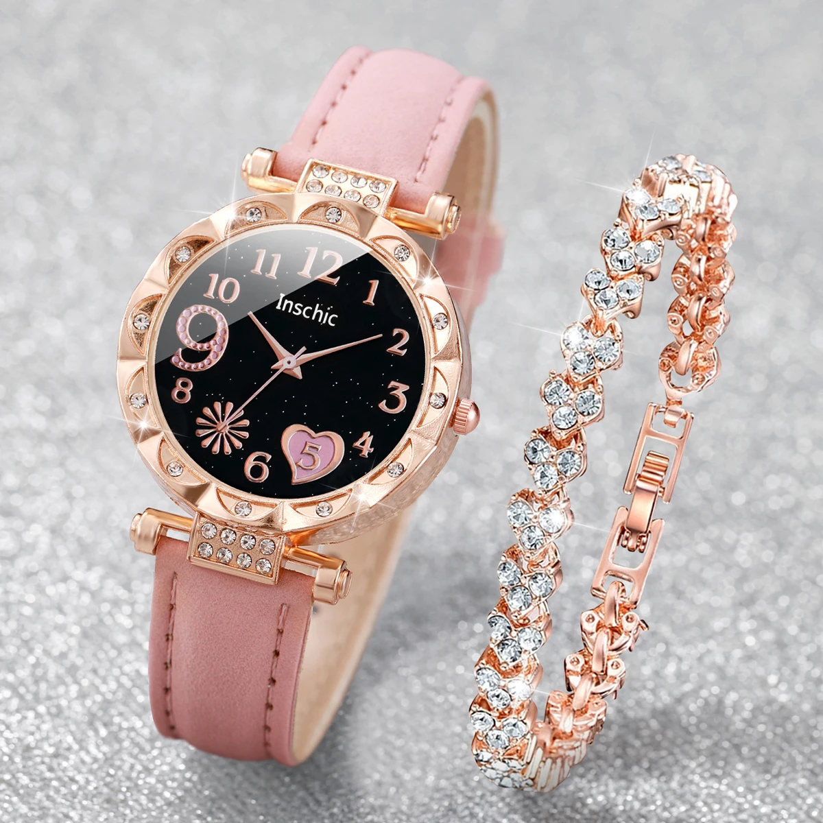 2pcs/set Fashion Women Leather Strap Love Heart Quartz Watch & Crystal Bracelet