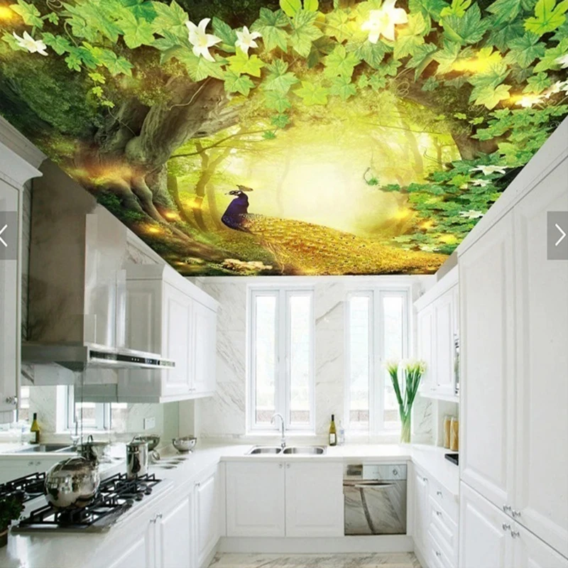Custom Cartoon Forest Wall Mural with Peacock & Trees Modern Ceiling Wallpaper for Kids Room Living Room Bedroom Wall Decor