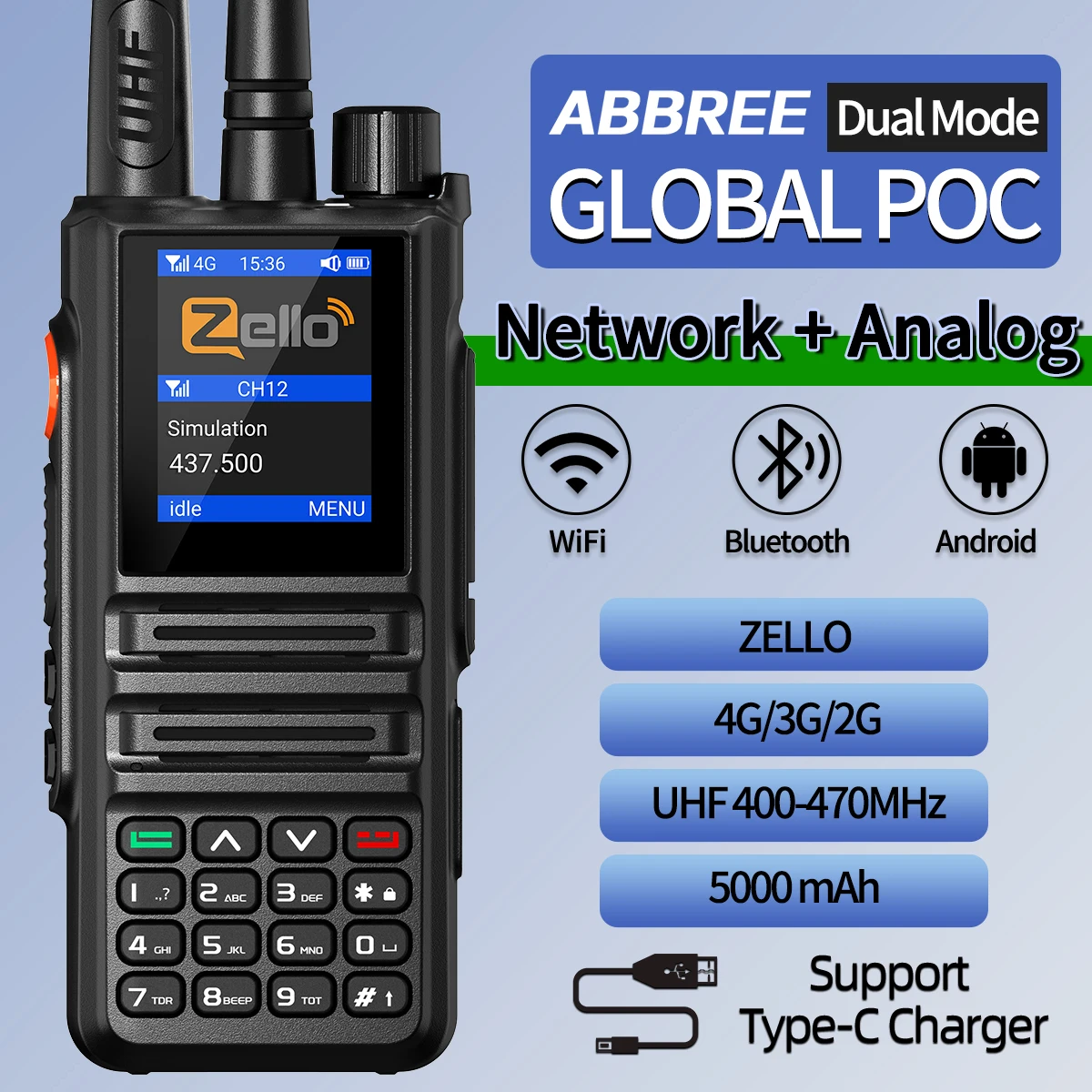 ABBREE GP-889 Analog and Network Radio Walkie Talkie Global POC Zello UHF Bluetooth WIFI 2G 4G Sim Card Android Type-C Ham Radio