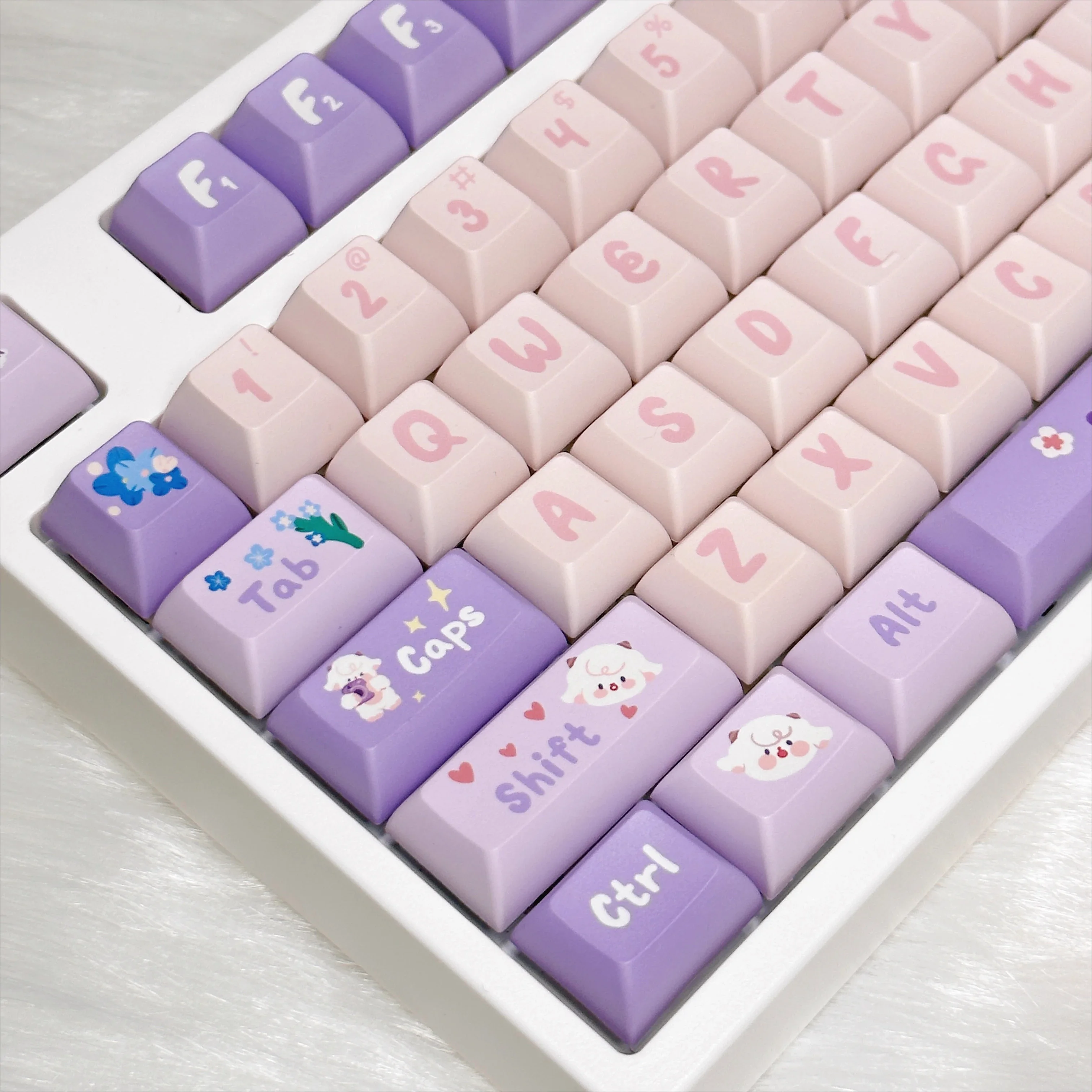 Spring baa kca five-sided hot sublimation 139-key pbt pink purple lamb keycap, baa baa rabbit teeth