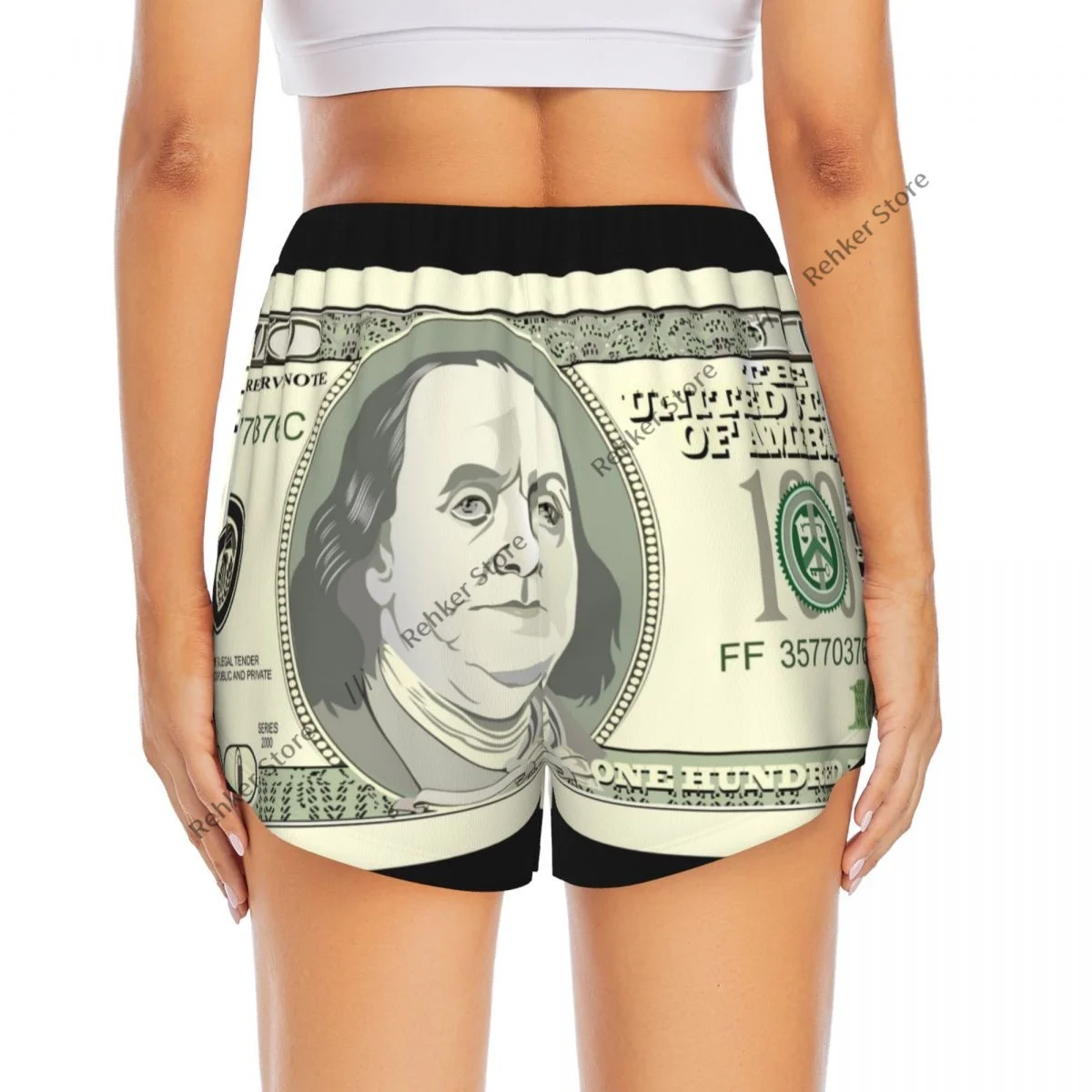 ワークアウトショーツ女性フィットネス速乾性二重層ショーツ百ドルプリントアスレチックヨガショートパンツジムレギンス