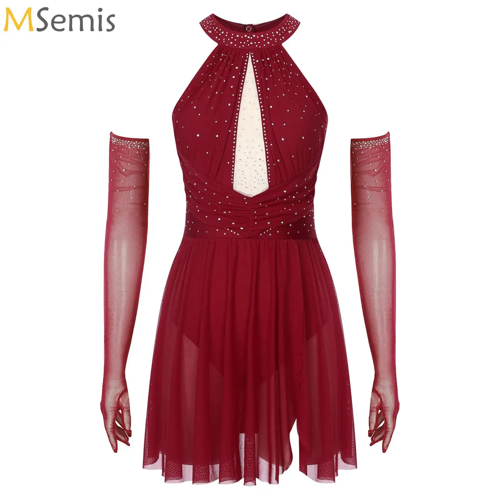 

Women Latin Dance Leotard Dress Figure Skating Cha-cha Samba Tango Ballet Costume Sleeveless Rhinestones Bodysuit with Gloves