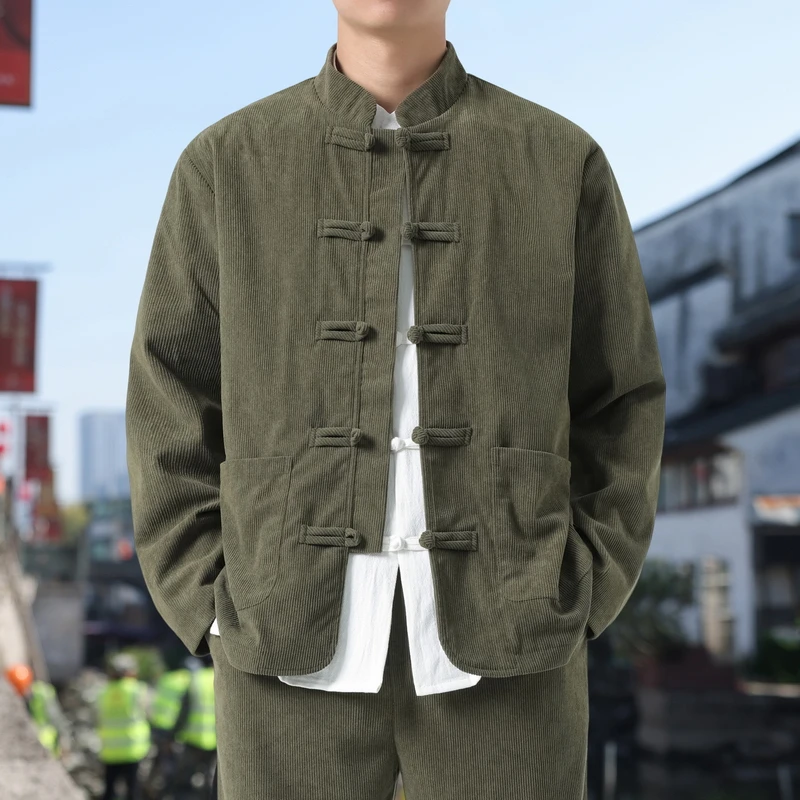 

Мужская вельветовая куртка больших размеров, однотонная, в китайском стиле, с воротником-стойкой, на пуговицах-лягушках, с карманами, весна-осень, винтажное пальто, размеры M-5XL