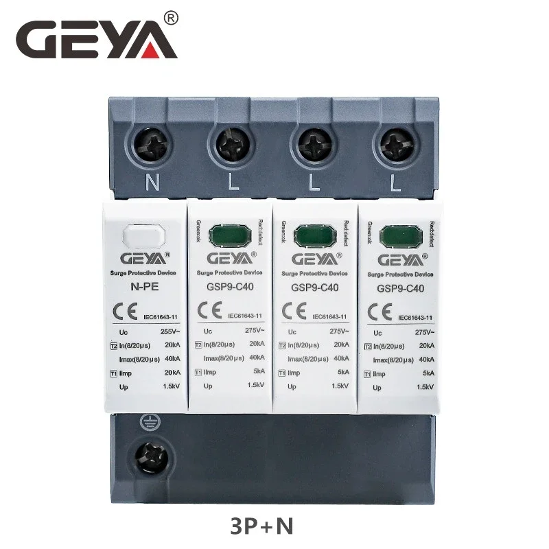 GEYA GSP9 Power Surge Protective Device SPD Arrester 1/2/3/4 Pole Surge Voltage Protection 275V 385V 400V 440V 40KA