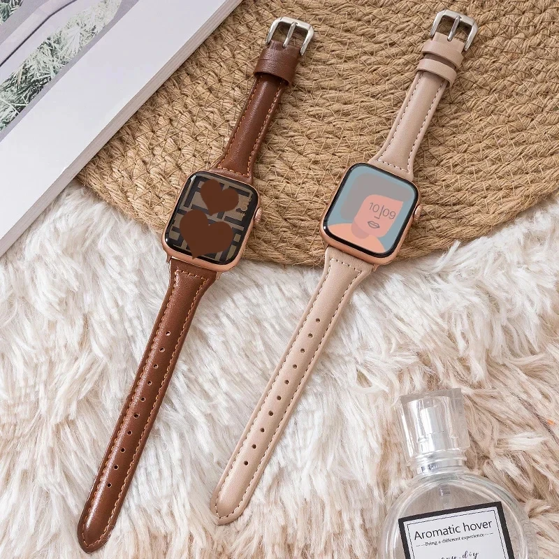 Slim leather strap for Apple Watch band ultra-2 49mm series 7 8 9 41mm/45mm 38mm/42mm Wrist bracelet iWatch SE 6 5 4 3 40mm/44mm