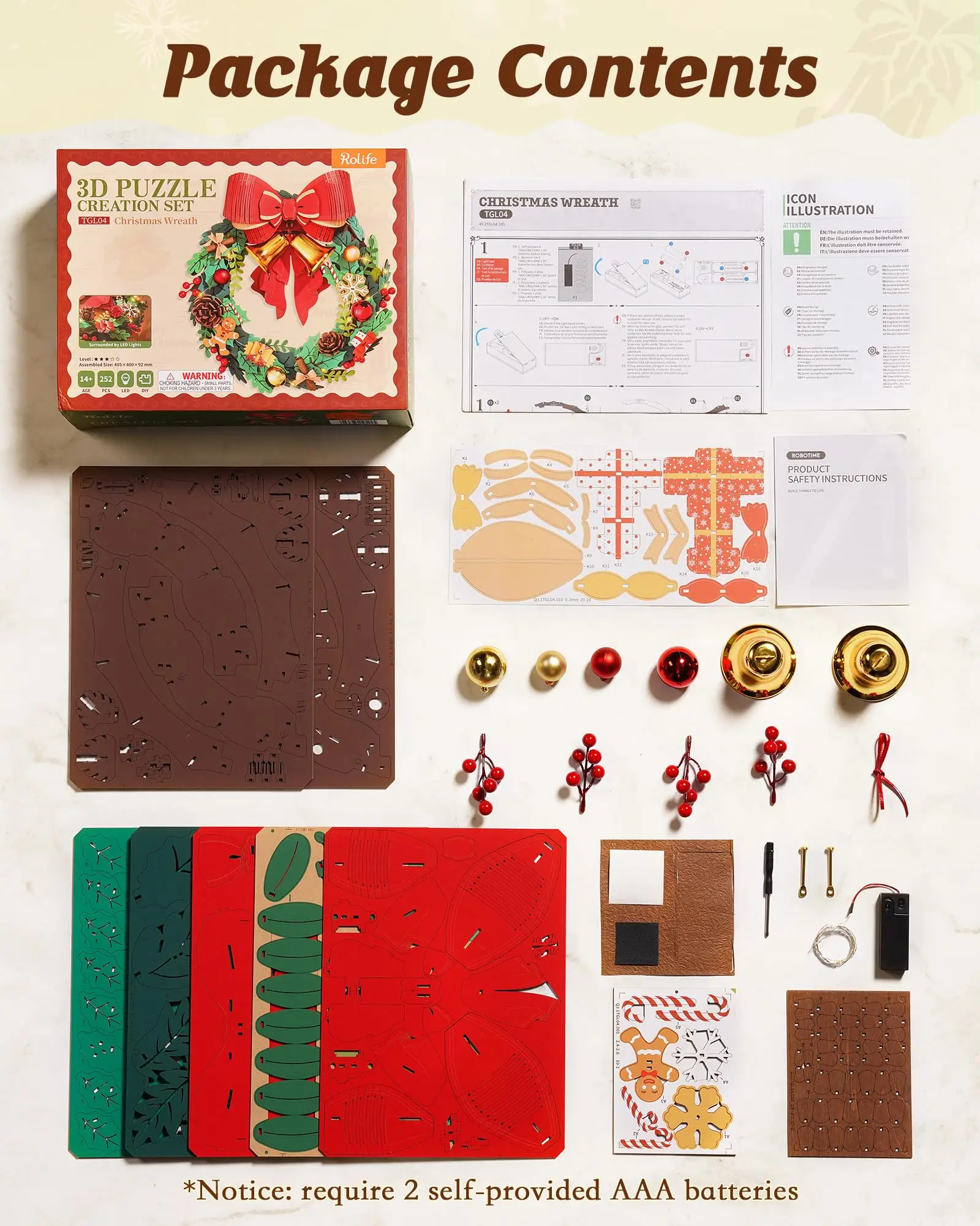 ROBOTIME Rolife إكليل عيد الميلاد ثلاثي الأبعاد لغز خشبي إكليل ذاتي الصنع مع ضوء قابل للبناء زينة عيد الميلاد هدية مثالية للعطلات للبالغين