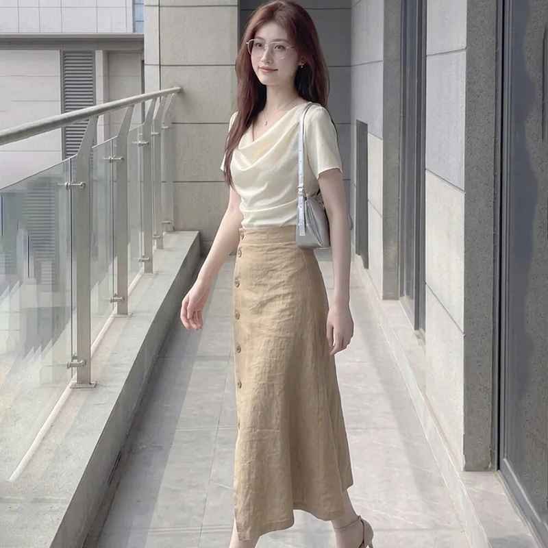 2026 Summer Khaki Irregular Breasted Skirts for Women Korean High Waist Swing Umbrella Skirt Slim Fit Temperament Elegant Dress