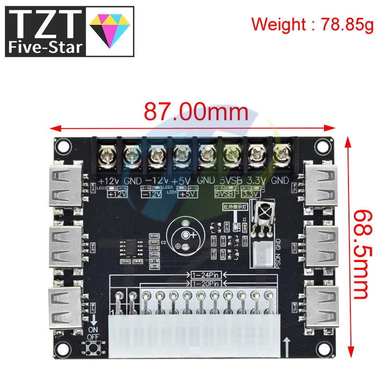 TZT 24 Pins ATX Power Supply Breakout Board With Acrylic Case Kit Module Adapter Power Connector Support 3.3V/5V/12V 1.8V-10.8V