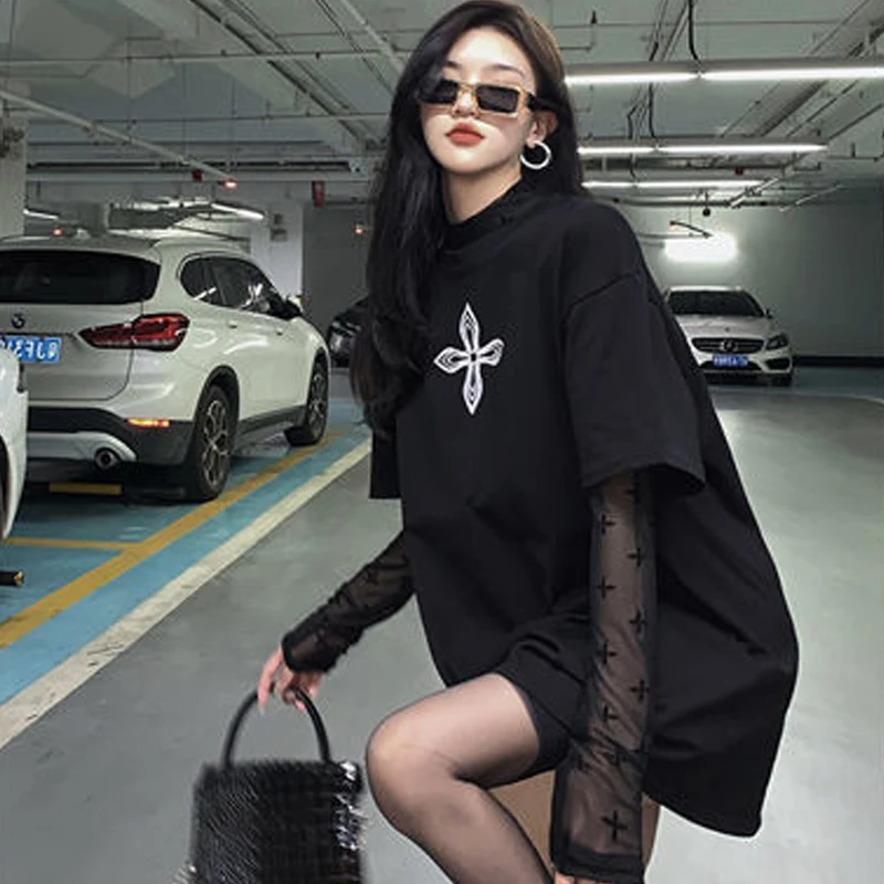 

Женский летний комплект из двух предметов: футболка и топ больших размеров в стиле Hong Kong, черный, базовый, популярный в интернете