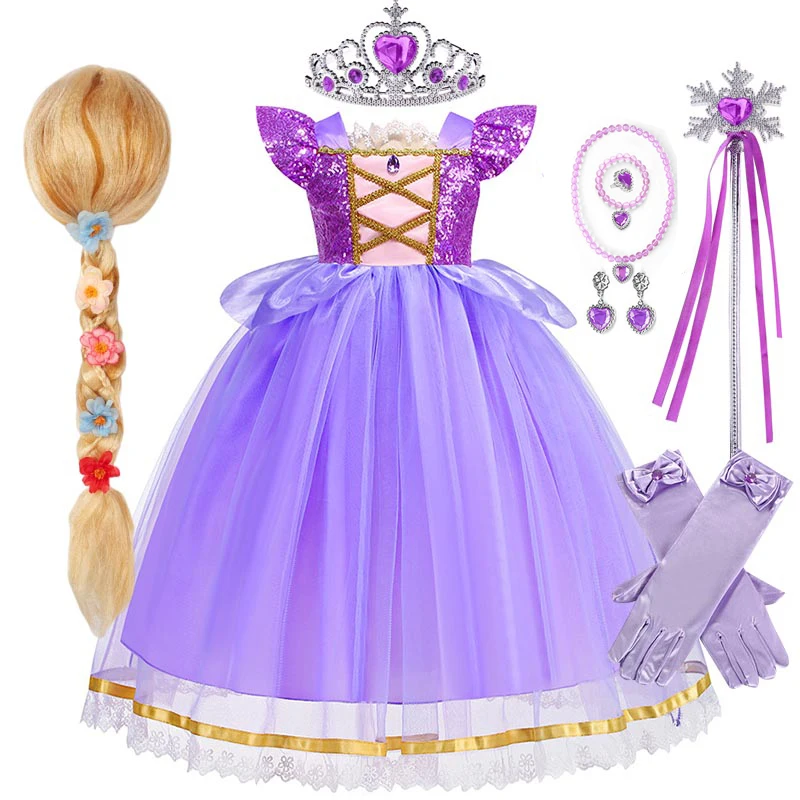 Robe de princesse Raiponce pour filles, costume de jeu plus riche pour enfants, vêtements en maille à paillettes de luxe, robe de fête d'anniversaire, costume de paupières violet