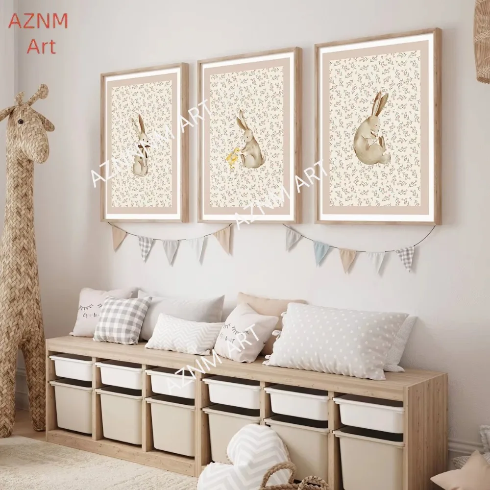 1/3Pcs Beige Bohemian Style Forest Rabbit and Duck Wall Art Canvas Print, Style Flower Watercolor Painting, Rabbit Wall Printing