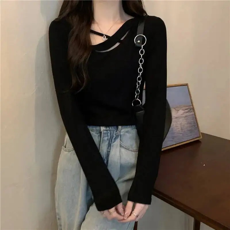 

Women's Gray Long Sleeve T Shirt 2026 Spring Design Centric Cross Detail Trick Detail Base Layer Unique Slim Fit Inner Top