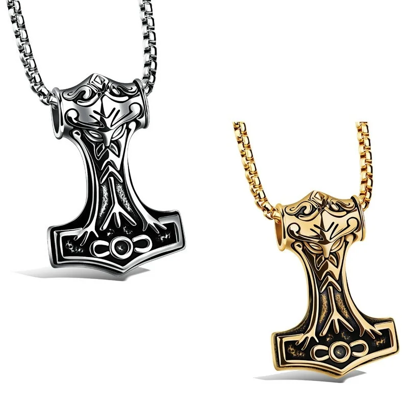 Jewelry for Men Punk Rock Hammer of Thor Titanium Necklace for Men Vintage Stainless Steel Jewelry Statement Hip Hop Necklace