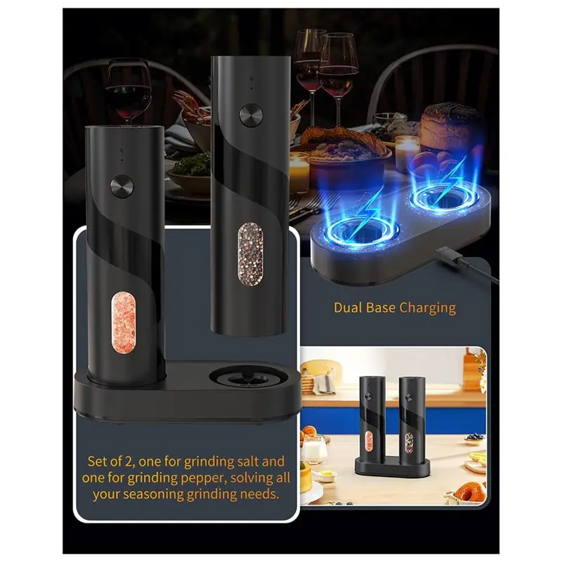 ABWZ-Electric Rechargeable Salt And Pepper Grinder Set Top-Refill Automatic Pepper Mill Grinder With Charging Base