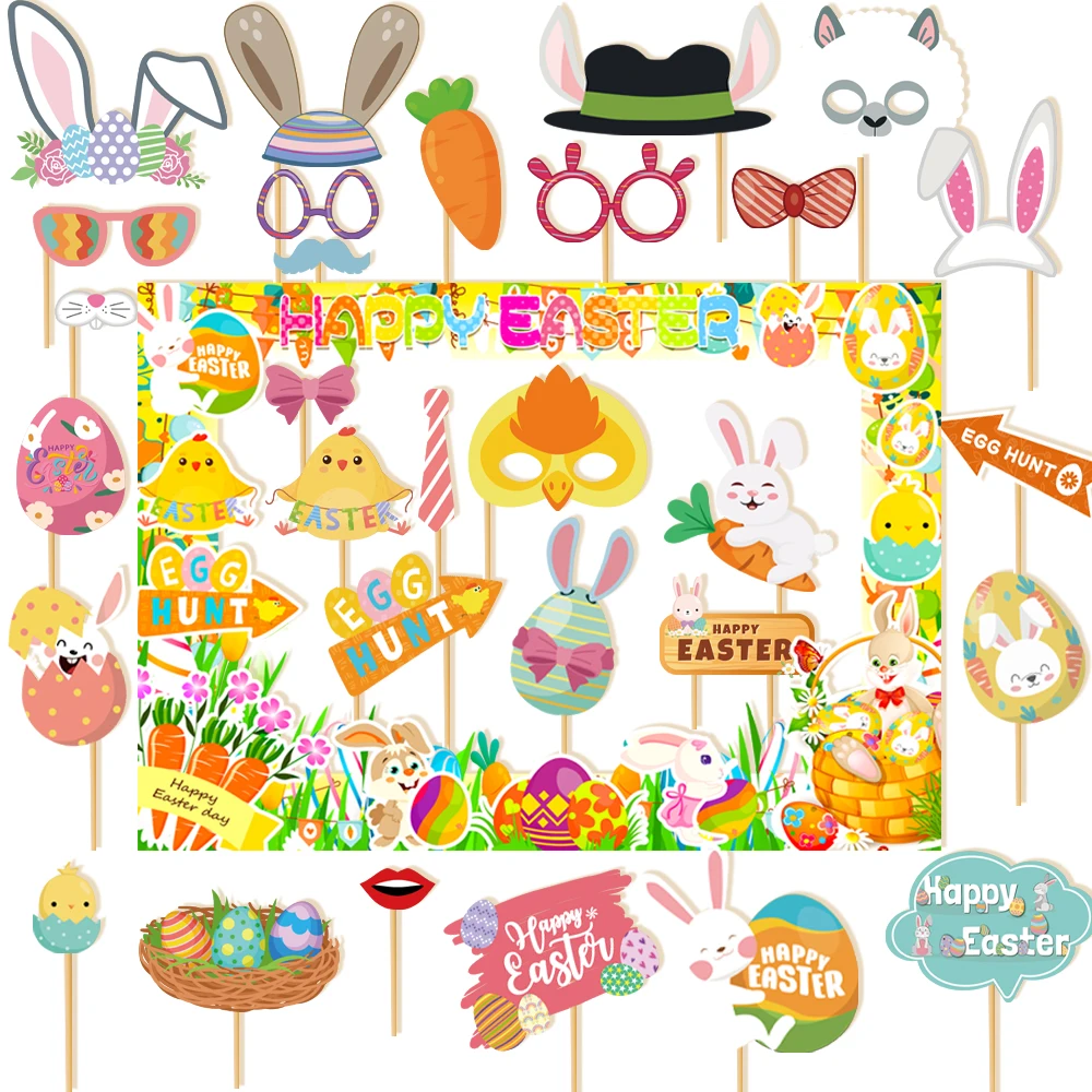 1set Easter Paper Photo Booth Props Funny Bunny Eggs Photo Frame Selfie Props Kit for Kids Happy Easter Party Favors Decorations