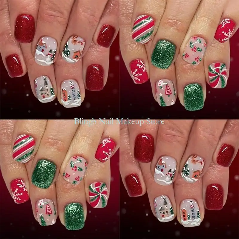 28TA Holiday Press On Glitters French Tip Square False 48Pieces/ Set Christmas Party Red Green Winter Design