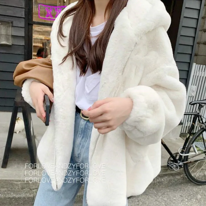 Winter Women Thick Warm Oversized Female Plush Coats Faux Rabbit Fur Coat Luxury Hooded Fur Coat Loose OverCoat