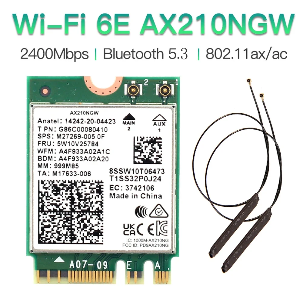 

Двухдиапазонная беспроводная карта Wi-Fi 6E AX210 NGFF M.2 KEY E (AX210NGW, AX200NGW) с поддержкой MU-MIMO, 2.4G/5ГГц, 2400 Мбит/с, Bluetooth 5.3, с антеннами