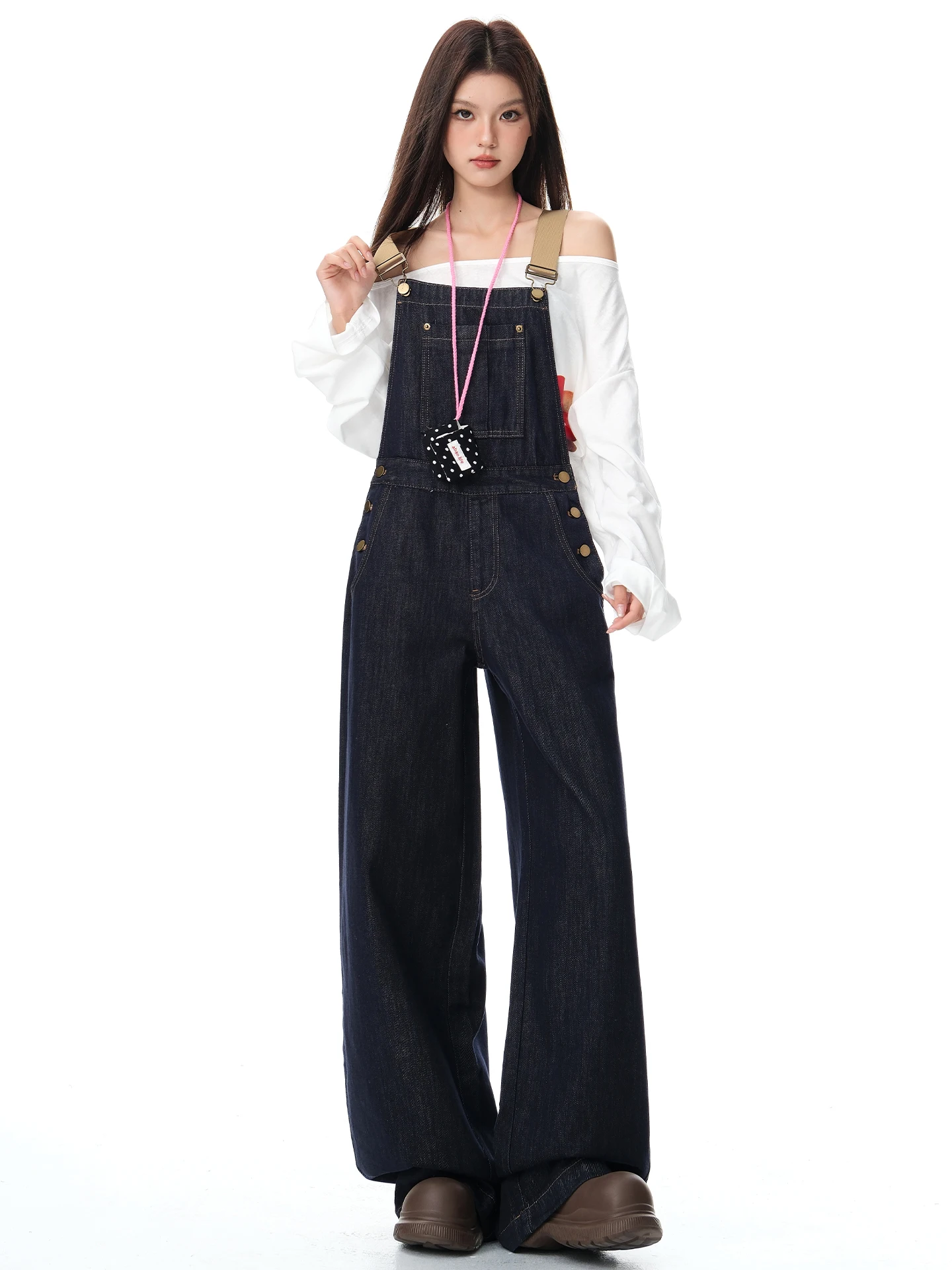 

MNVZ Spring Casual Sle Denim Overalls Women's Loose Fit Vintage American Daily Versatile Youthful Wide Leg Jumpsuit
