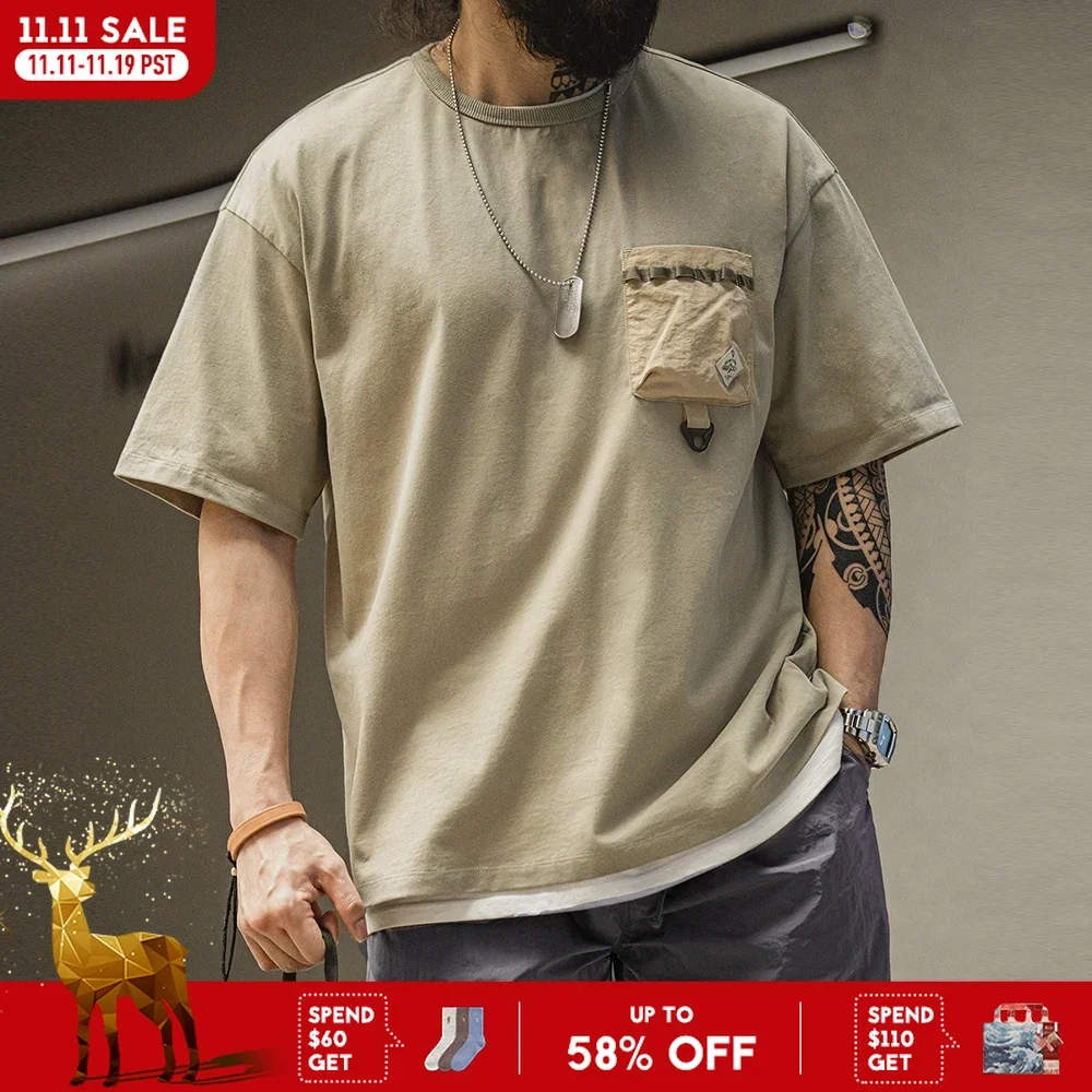 

Maden Повседневная футболка с короткими рукавами и карманами, мужская летняя уличная свободная посадка, дышащая футболка с круглым вырезом, удобный уличный топ