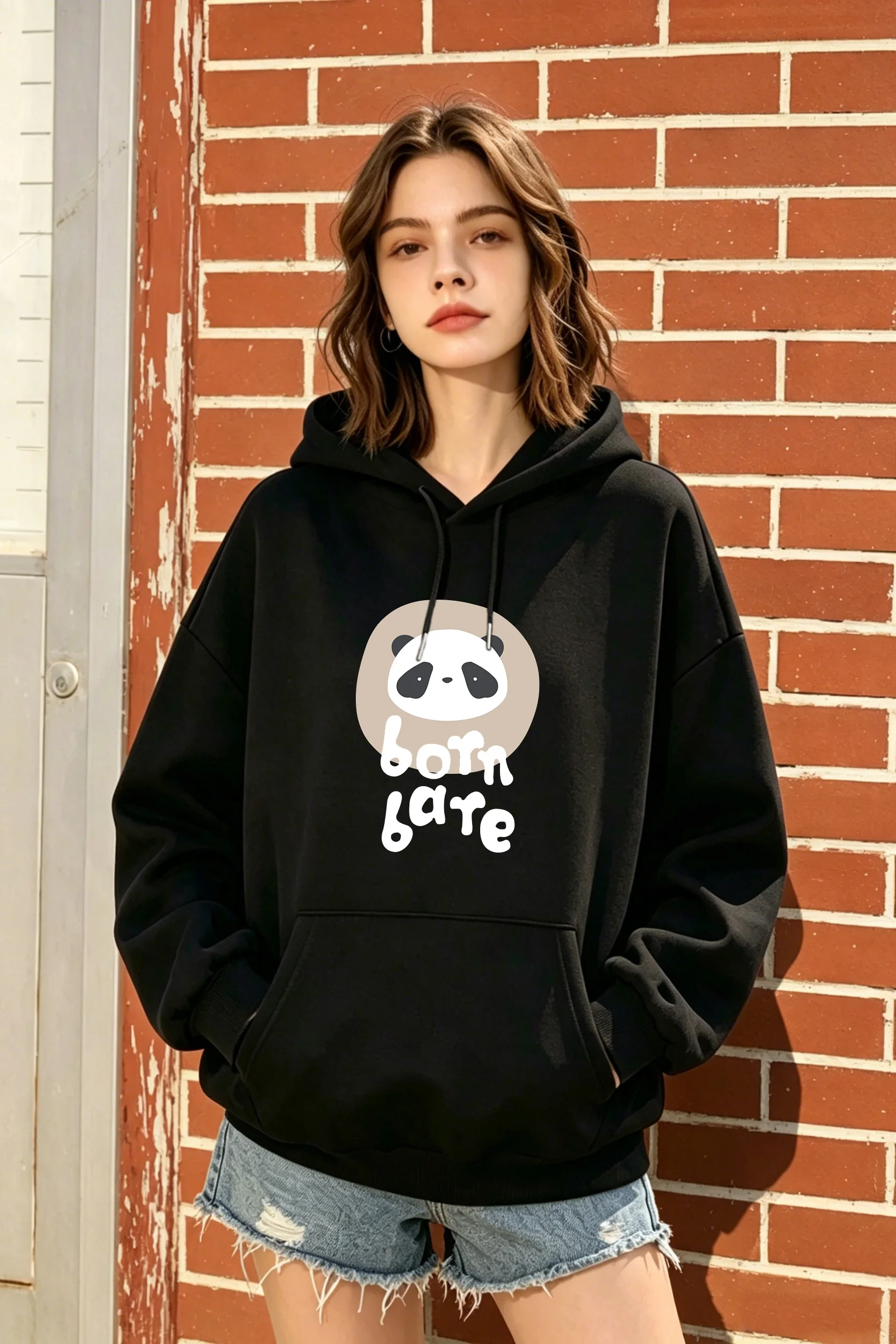 

Women's Black Oversized Hoodie with Cute Panda & Letter Print, Casual Cozy Top for Fall & Winter, Available in Black/White/Grey