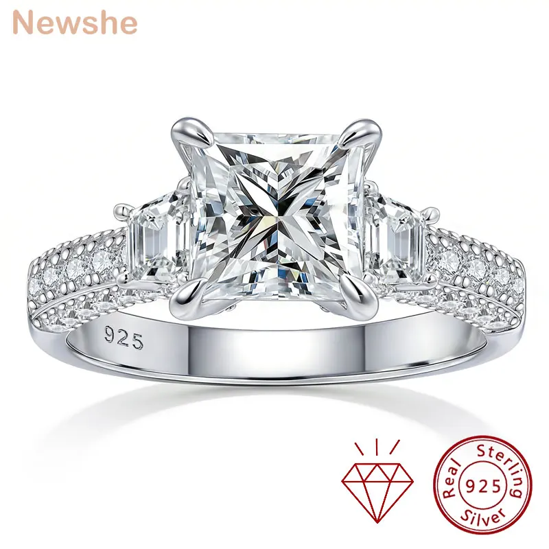 Newshe 925 Sterling Silver 7*7 mm Princess Cut Moissanite Engagement Ring with GRA Certificate 5A CZ Paved Wedding Jewelry Gift