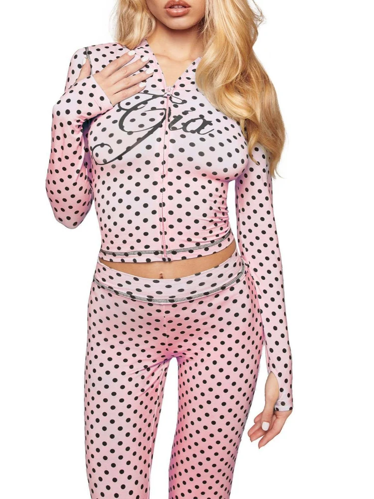 

New Spring Fashion Fit High Street Trendy Women's Zipper Hoodie Straight Through Slimming Pants with Polka Dot Print