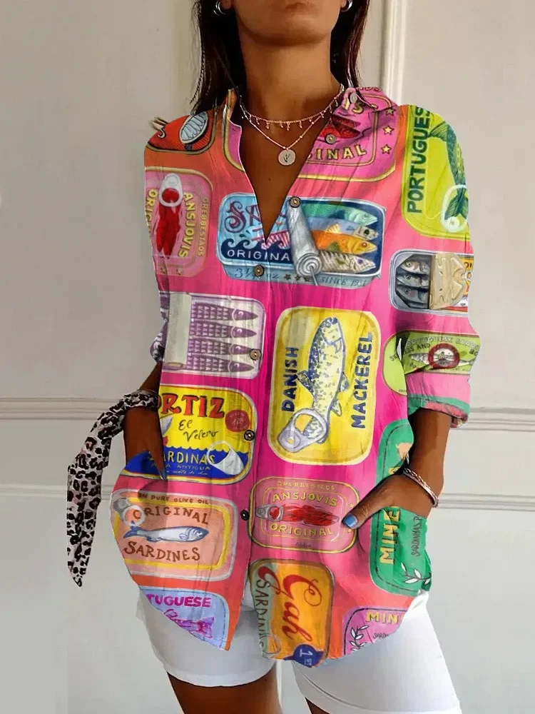 Francja Moda Śliczny wzór Kontrastowy kolor Bluzka z długim rękawem Zapinane na guziki Koszule Luźne Casualowe Kobiety Wiosna Lato Długa koszula Y2K