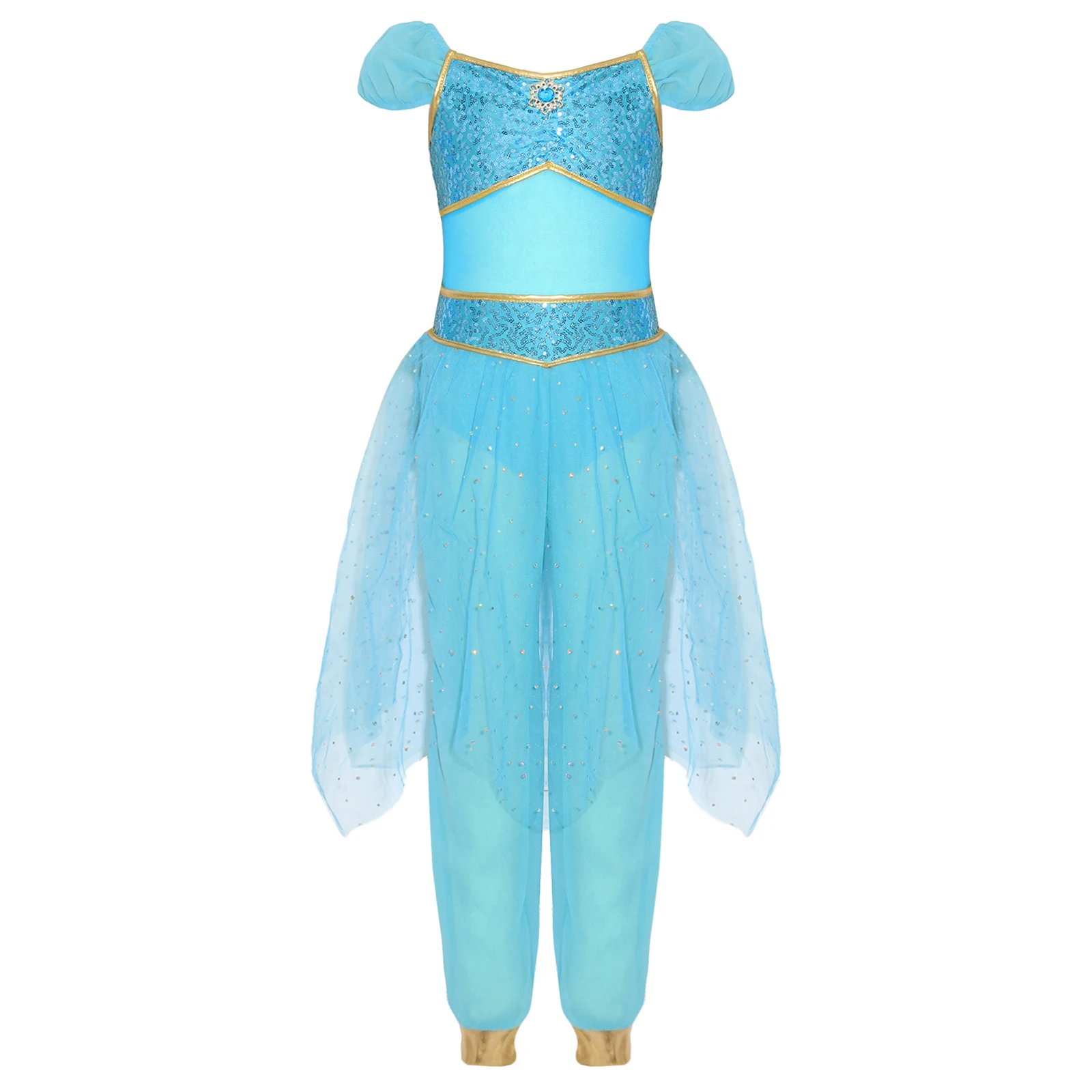 Kids Girls Arabian Princess Costume Indian Belly Dance Jumpsuit Rhinestone Sequined Tulle Overlay Rompers Halloween Indian Dress