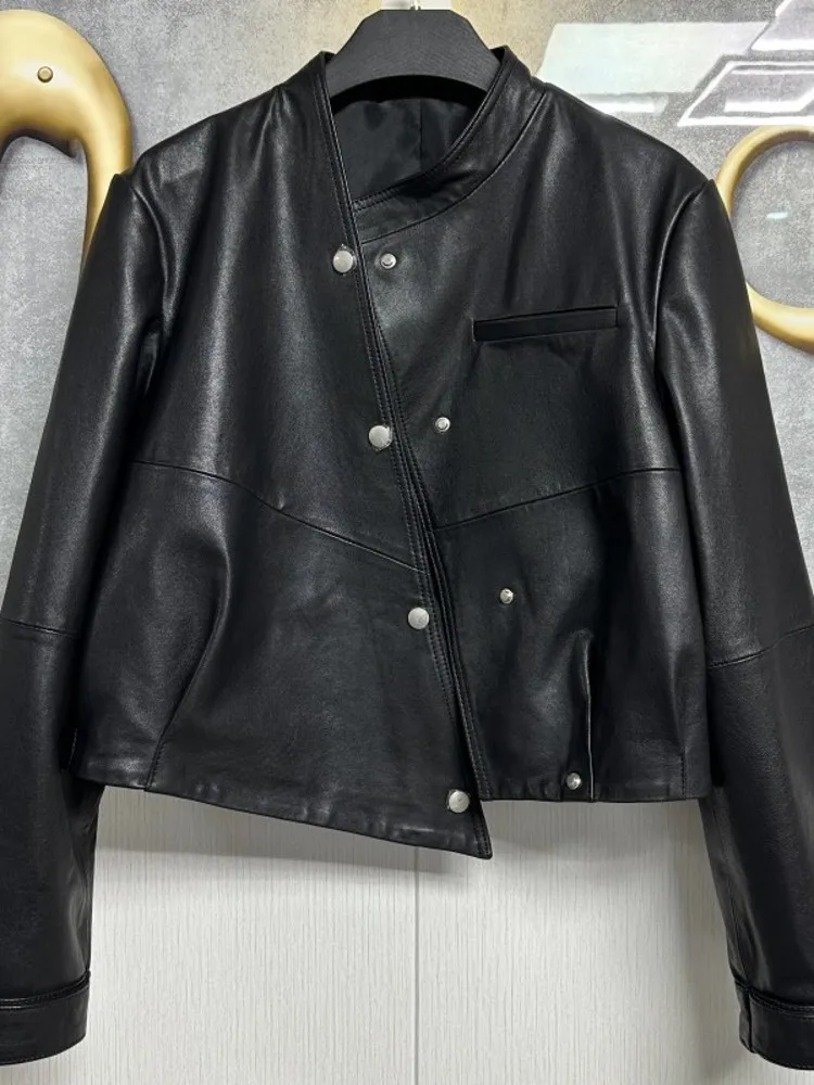 Women New Irregular Designer Loose Fit Sheepskin Genuine Leather Jacket Vintage Short Casual Single Breasted Coats Streetwear