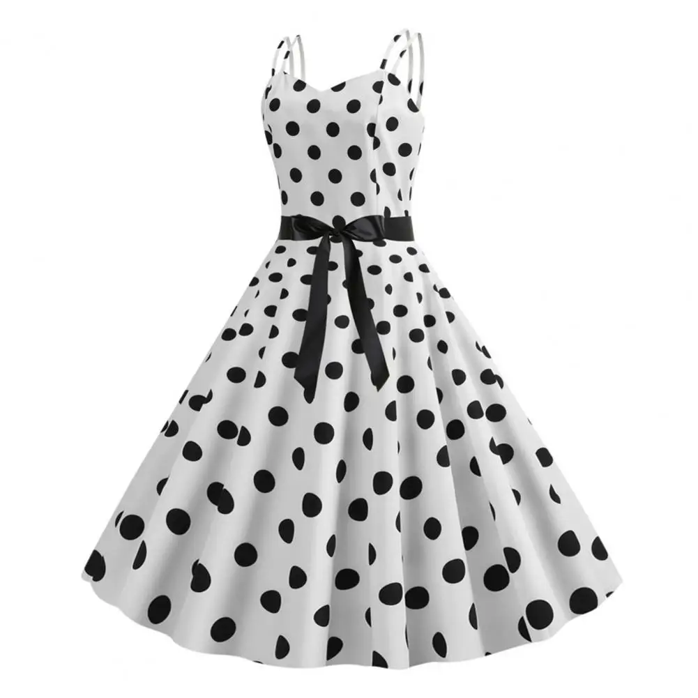 Abito stile Vintage elegante abito longuette retrò a-line con fiocco Decor Dot Print per le donne per feste matrimoni Proms donna a-line