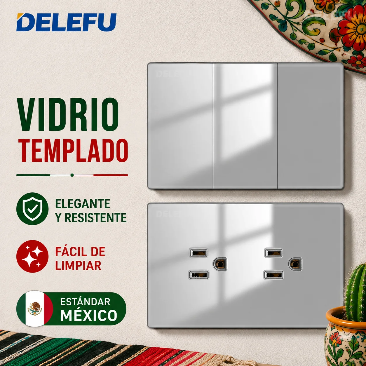 DELEFU Gray Tempered Glass Wall Switch Outlet 124x76mm US Receptacle USB Type C 20W Quick Charger Modern Electrical Panel