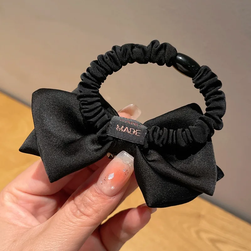 Vintage Crystal Bowknot Hair Ties Solid Color Satin Elastic Scrunchies Ponytail Holder Hair Band for Women Girls Hair Accessorie